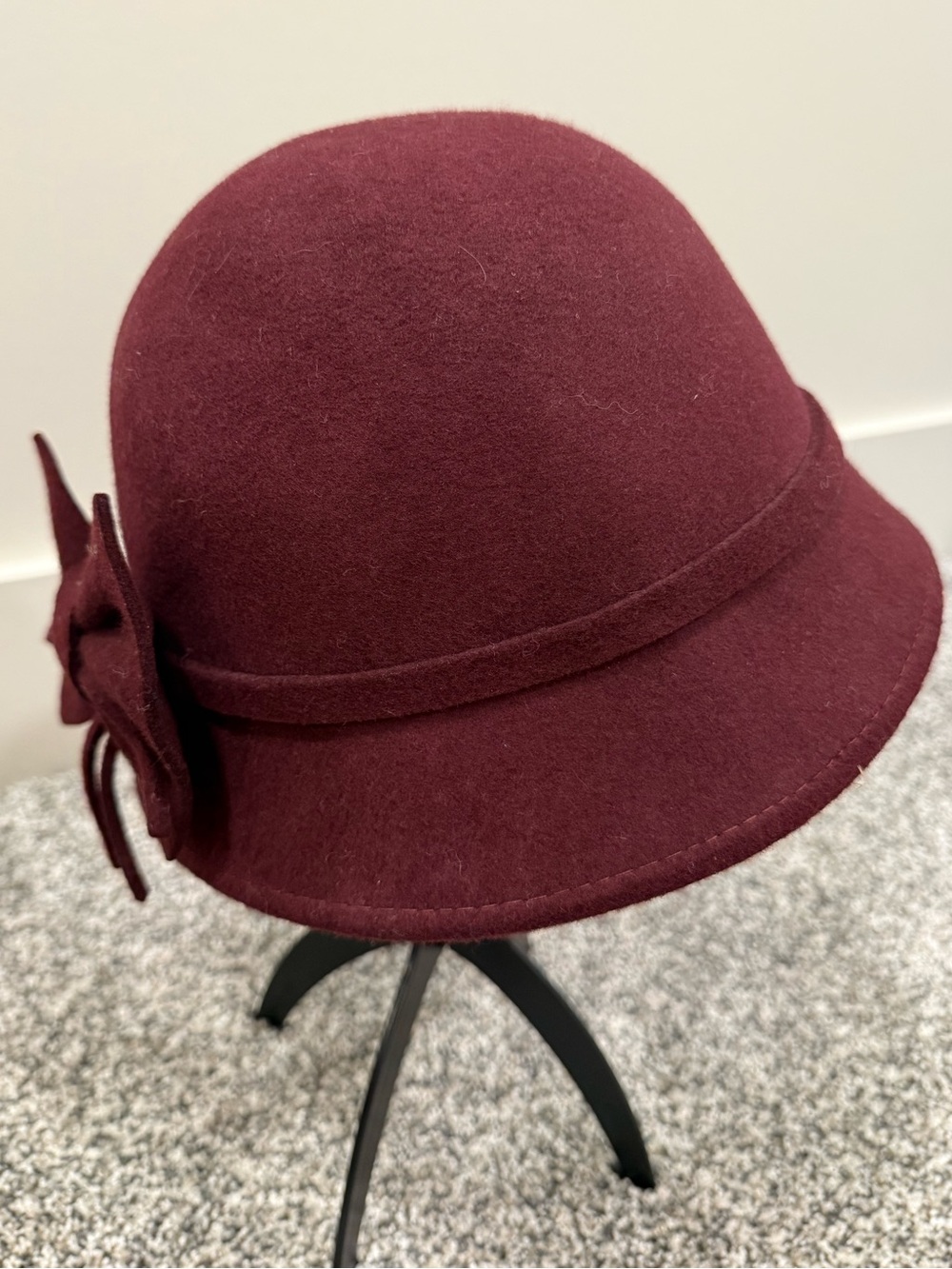 Sophia Collection Vintage Wool Cloche Hat in Burgundy Flower Accent